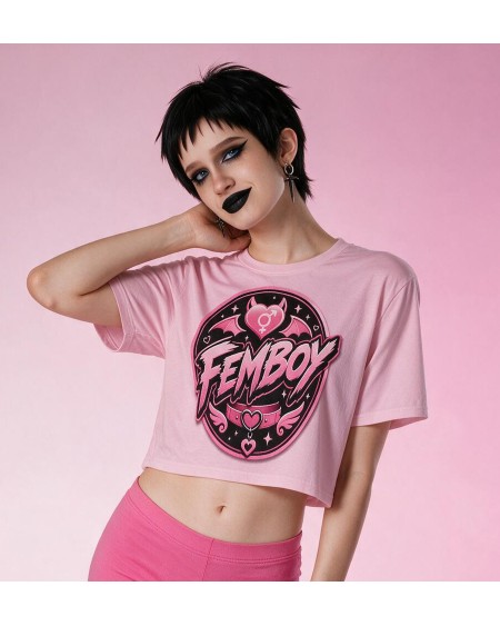 Pink Femboy Gothic Crop Top Bat Heart Graphic XS to 5XL