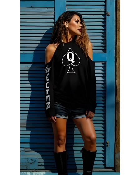 Queen Of Spades Cold Shoulder Sweatshirt, Hotwife Fetish