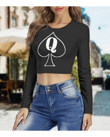 QUENN OF SPADES Round Neck Crop Top T - Shirt, queen off