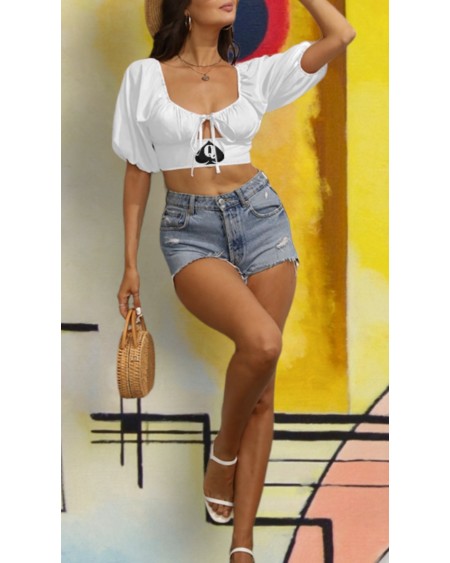 QUEEN OF SPADES Cropped Top With Puff Sleeve, Top queen off